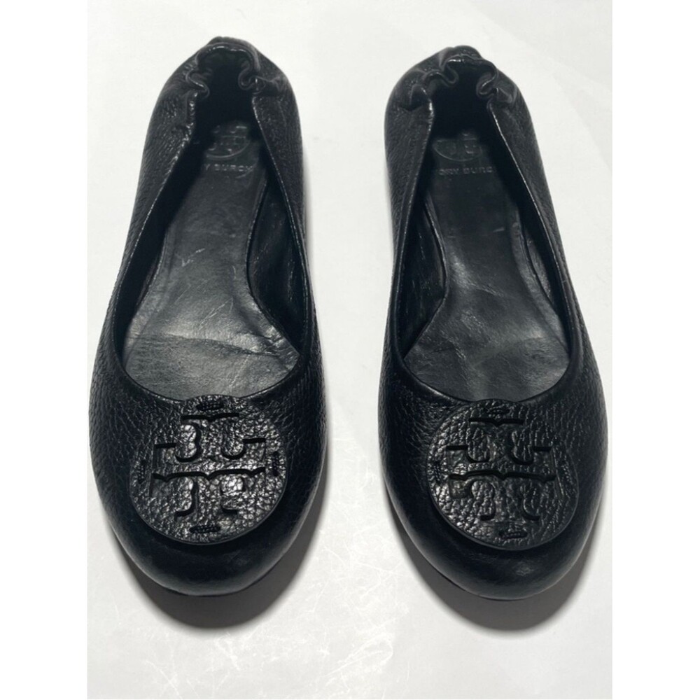 TORY BURCH Peva Ballet Flats Shoes Black Pebbled Leather Size 8.5.